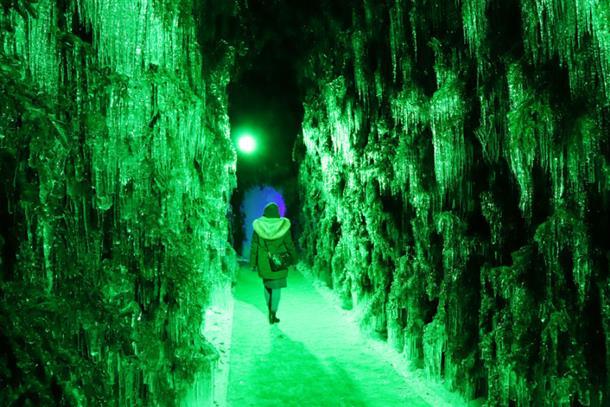 松の枝を氷に閉じ込めたトンネルは大人気