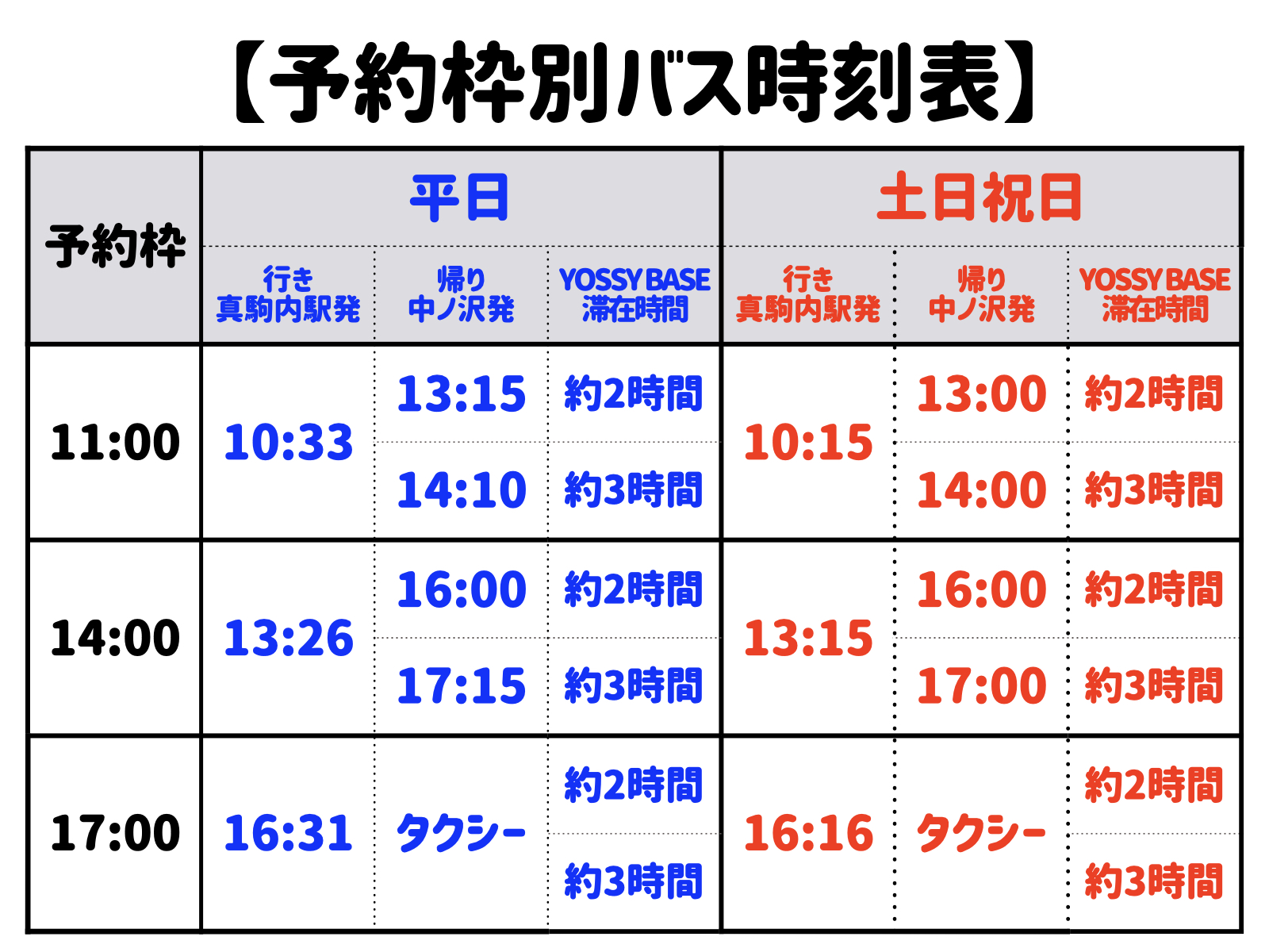 予約枠別バス時刻表