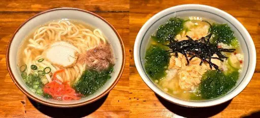アーサそばと鮭とアーサのお茶漬け